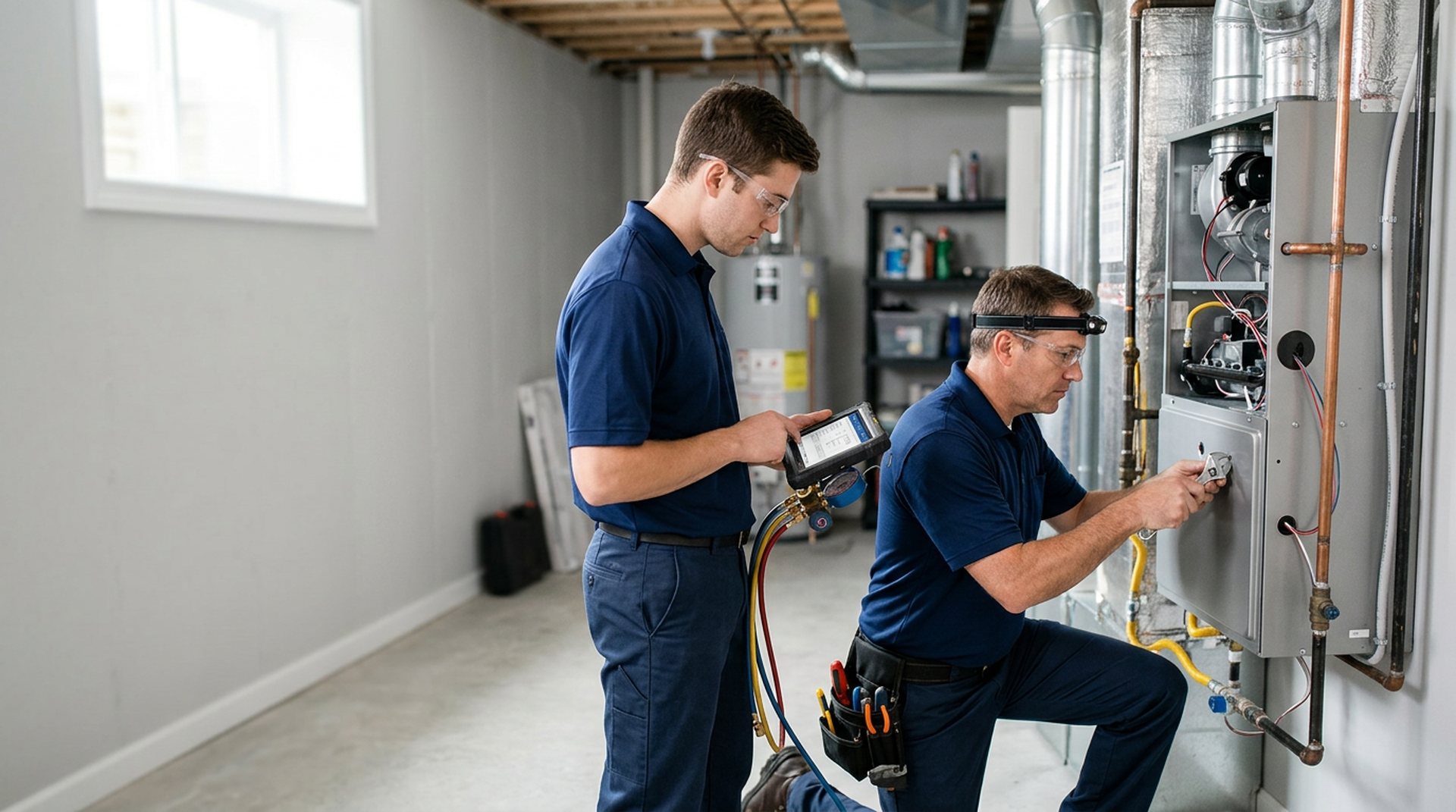 Two HVAC technicians servicing a residential furnace and heating system