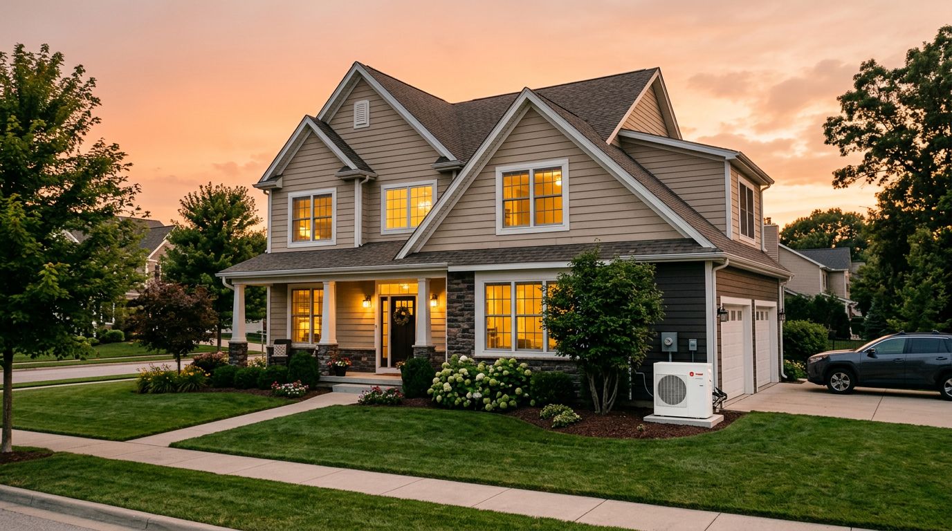 Suburban home at dusk with warm interior lights and an outdoor AC unit at the side