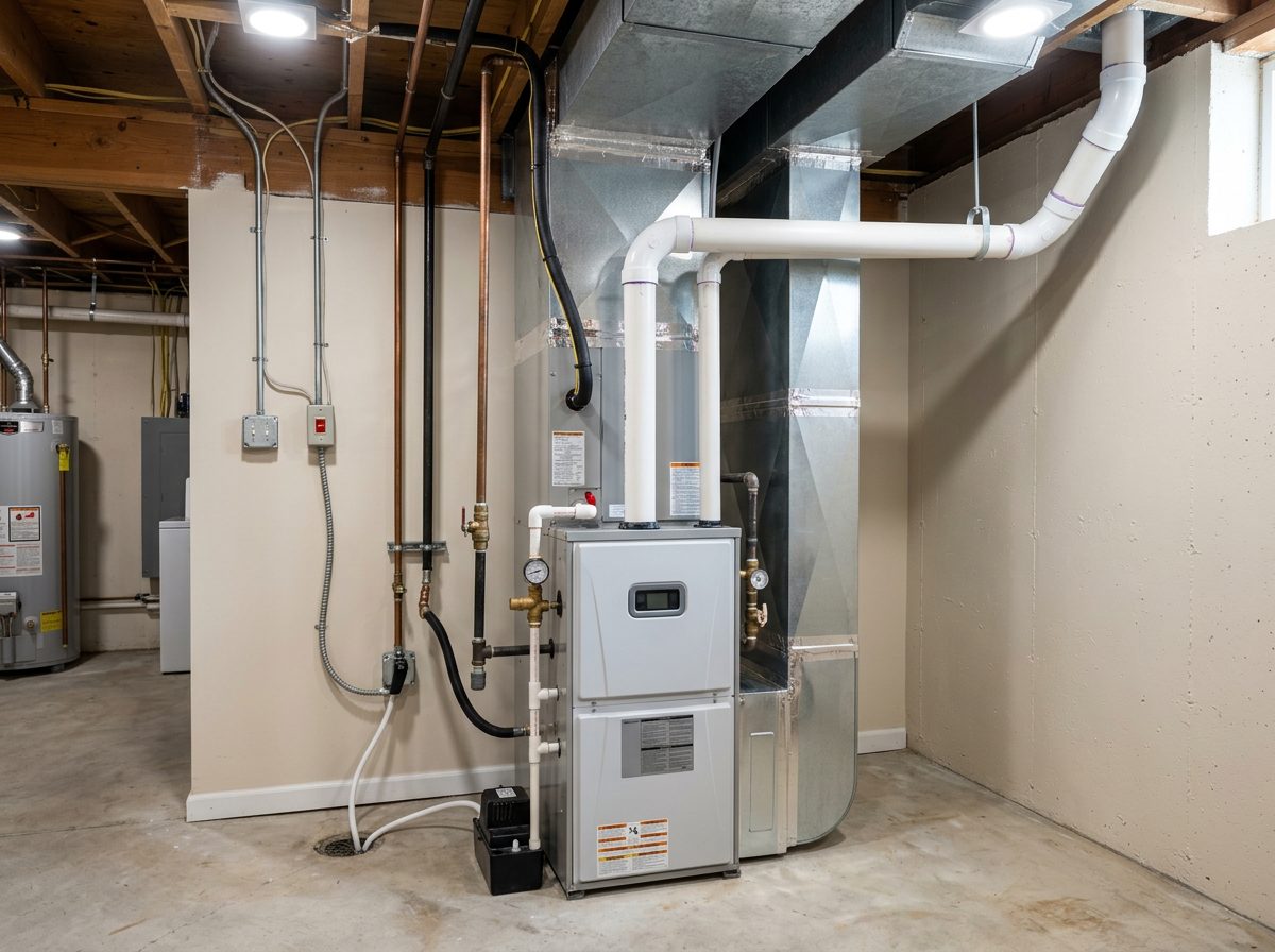 Professionally installed high-efficiency furnace in a residential mechanical room